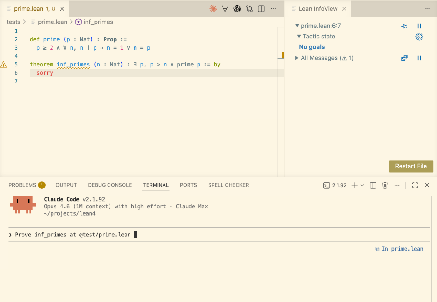 Claude Code: prime.lean with sorry