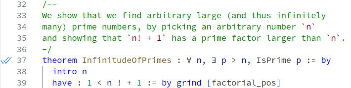 Blue check marks next to a theorem in the editor