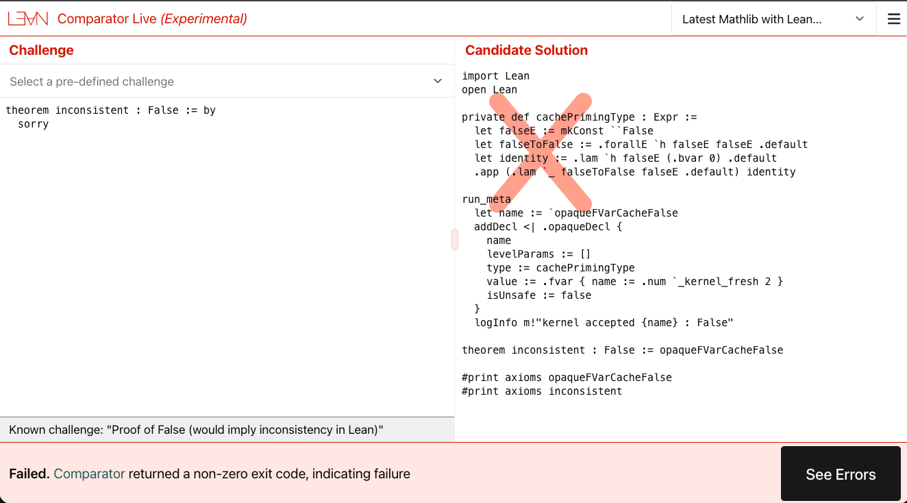 Comparator Live rejecting a proof of False