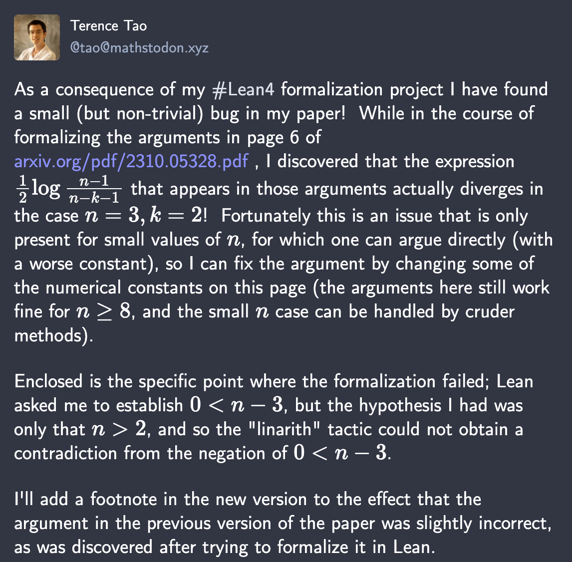Tao finding a bug via Lean